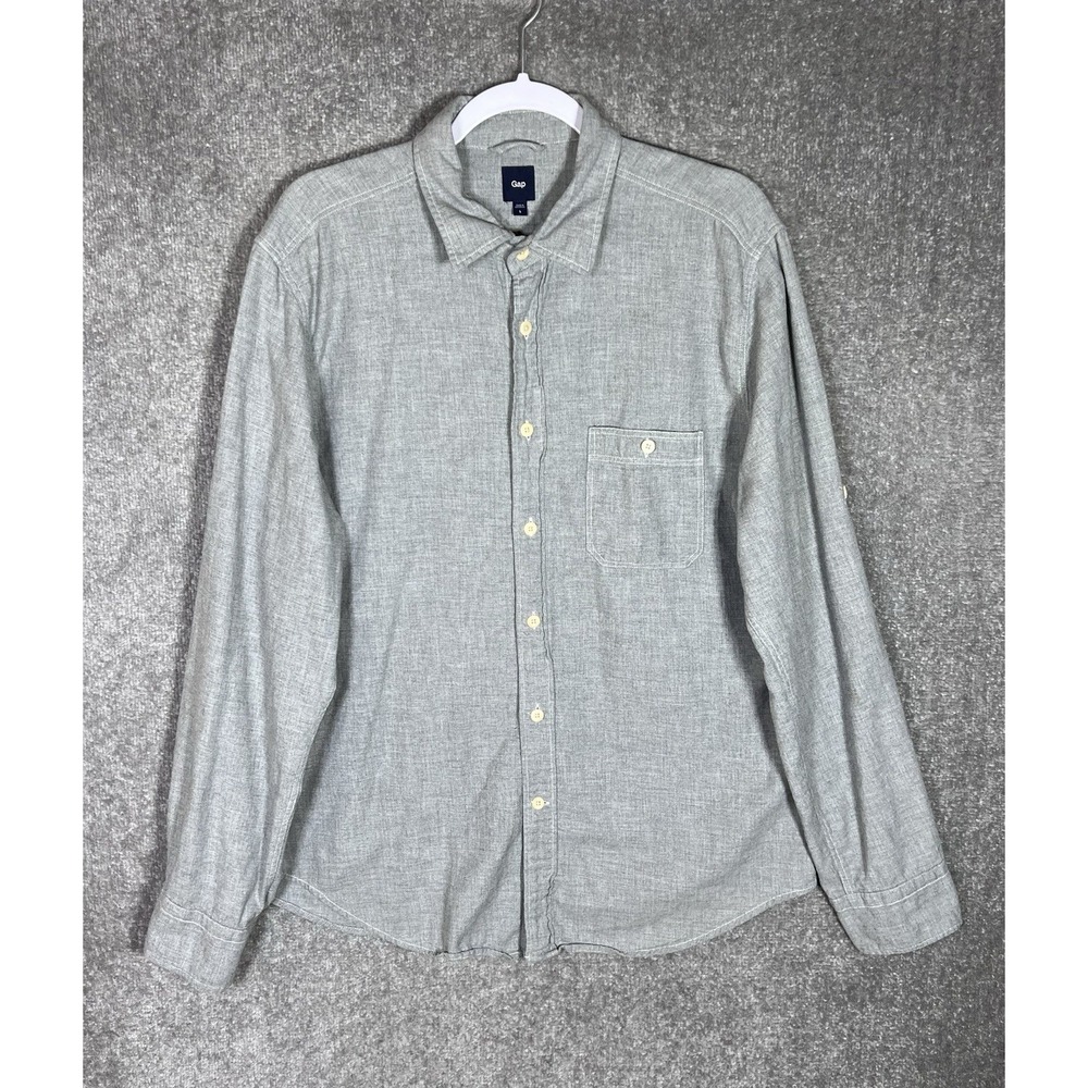 GAP Button Up Shirt Mens‎ Size Large Gray Cotton Roll Tab Long Sleeve Pocket
